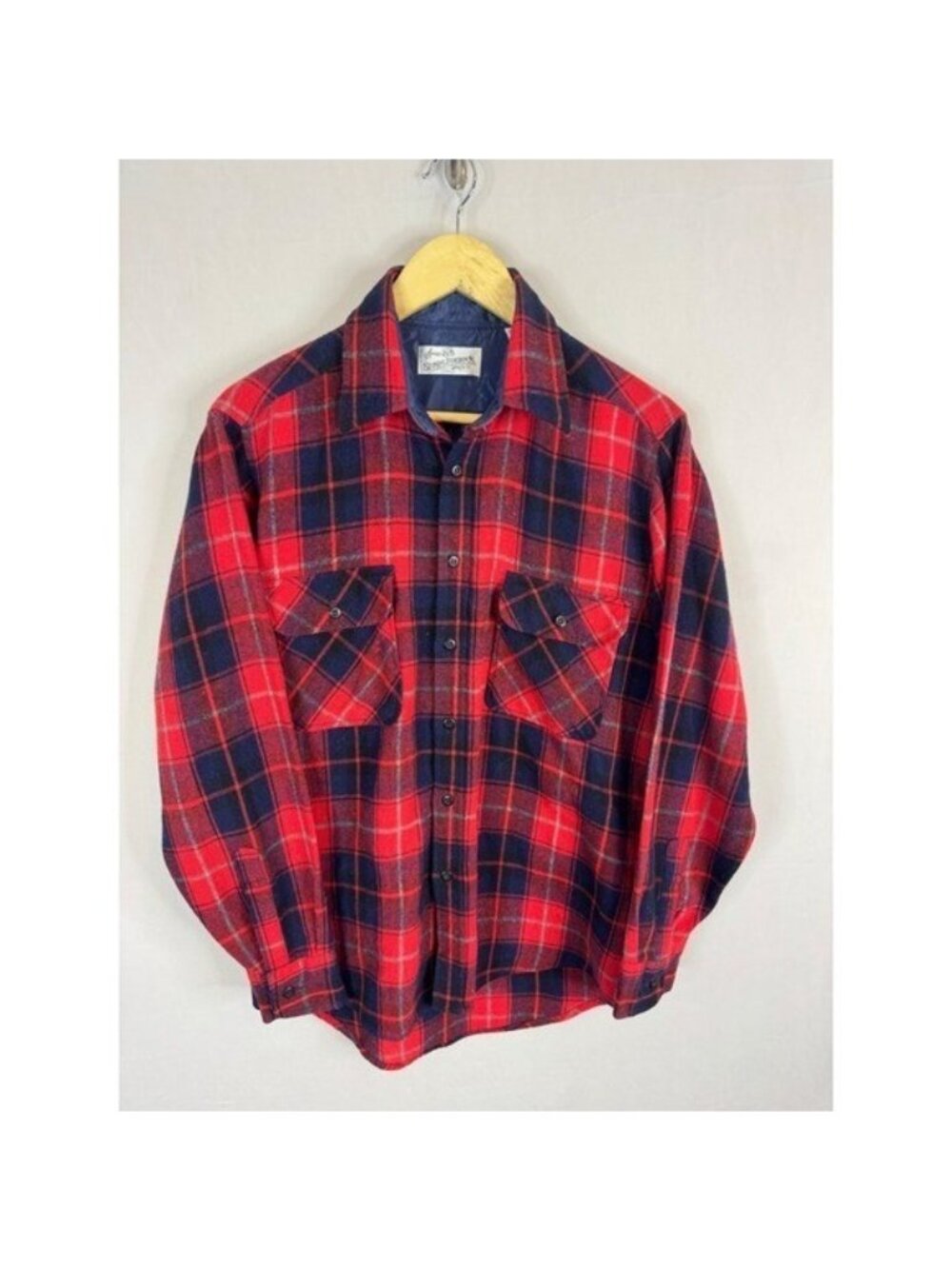 Vintage Sears Roebuck Mens Plaid Flannel Shirt Red Navy Blue Wool Blend Medium